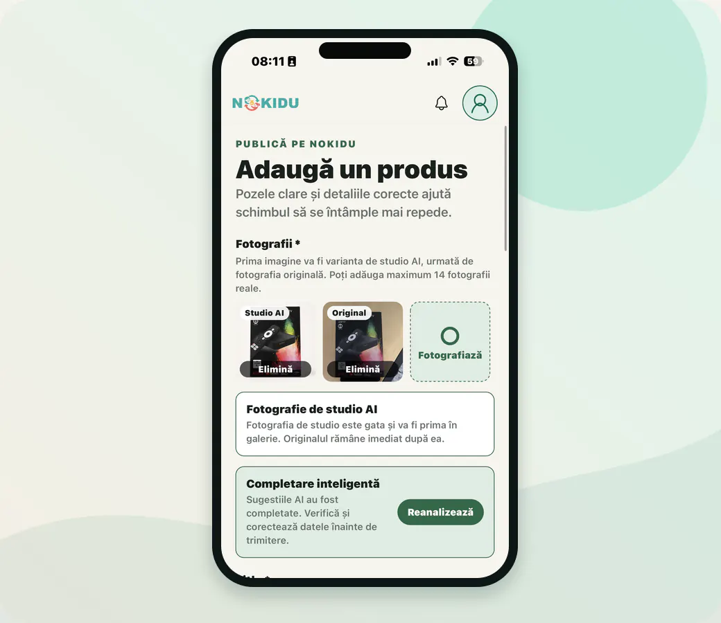 Fluxul de publicare și selectarea dimensiunii coletului în NOKIDU